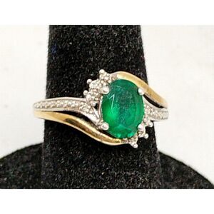 10K Yellow Gold & Sterling Silver & Oval Cut Emerald Ring with Diamond Halo